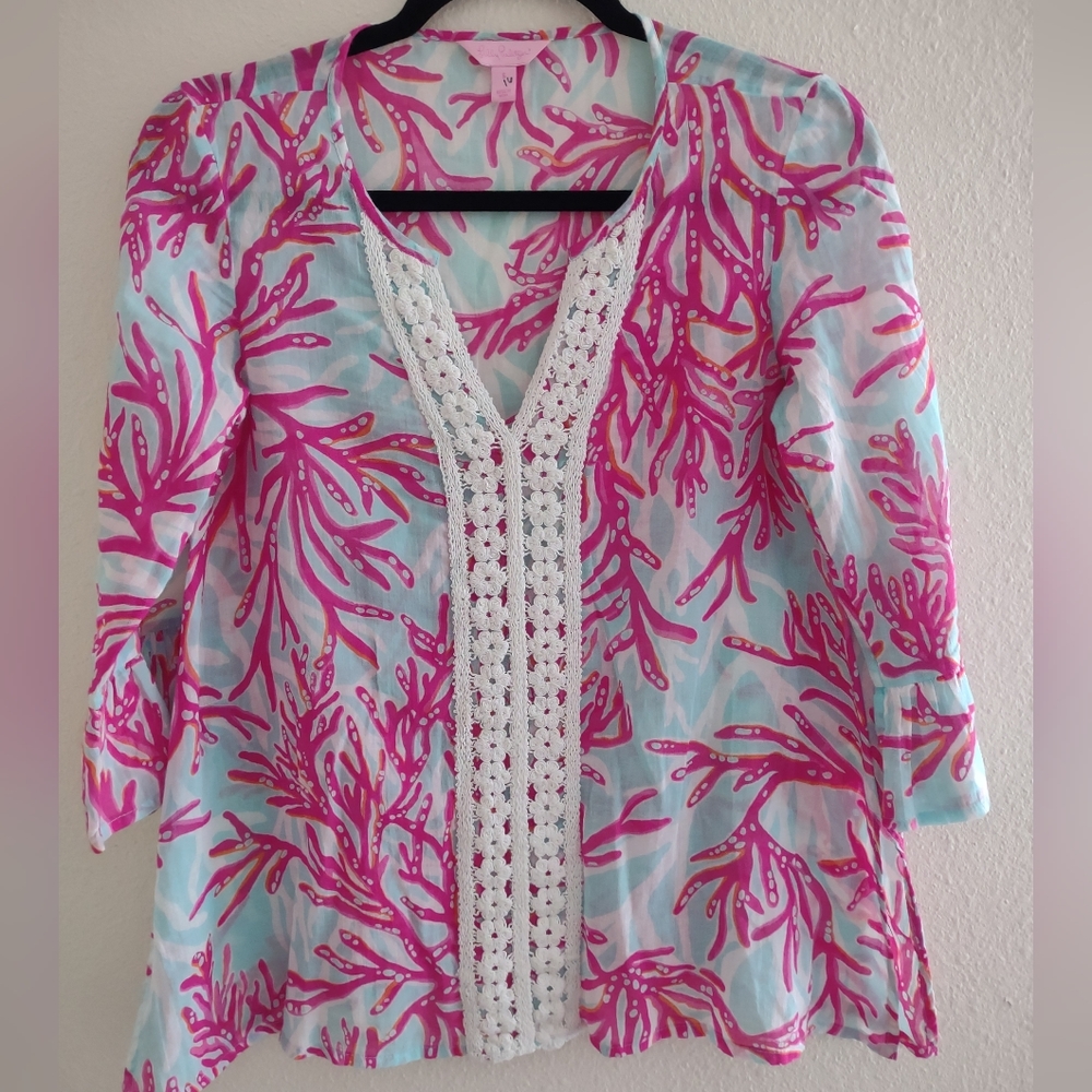 Lilly Pulitzer Caftan Style Top with Pattern, Crochet Detail and Bell Sleeves